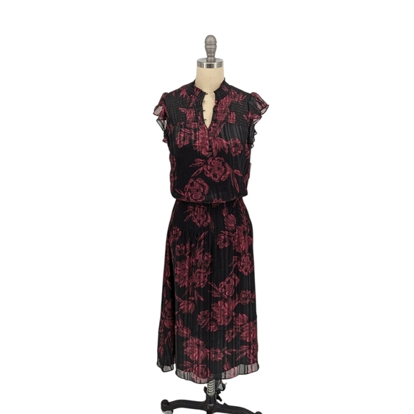 01535 WHBM Floral Blouson Midi Dress Black Pink Size XSmall bohemian western - Picture 1 of 8